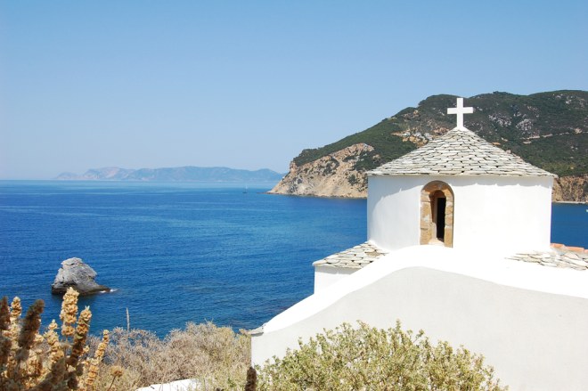 kostel na ostrově Skopelos, Řecko